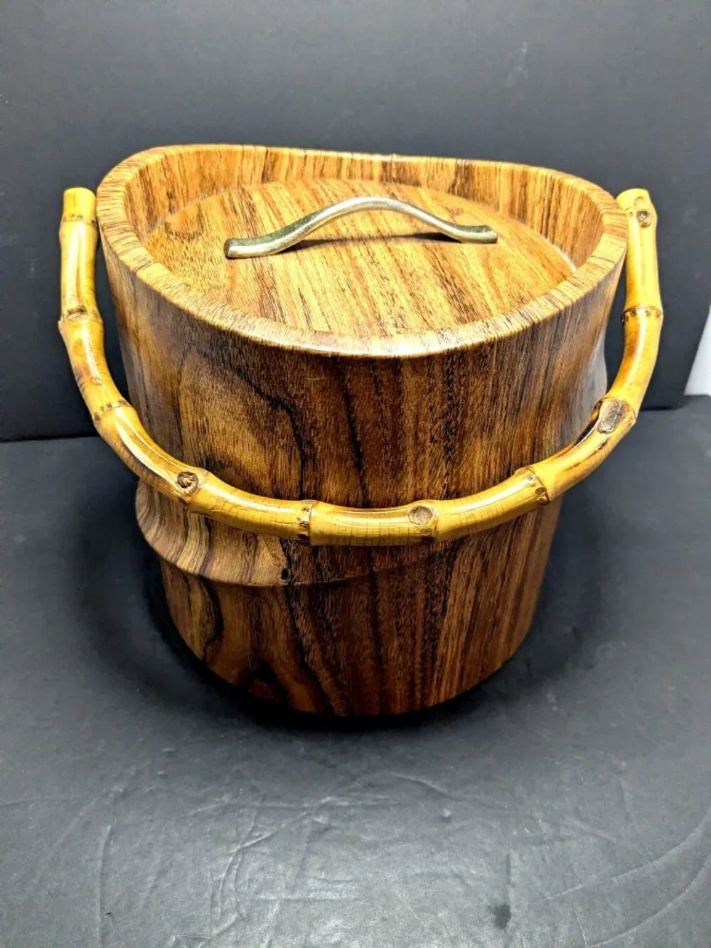 Vtg. Bamboo Handle Faux Wood Ice Bucket by Kraftware MCM Tiki Barware Kitch
